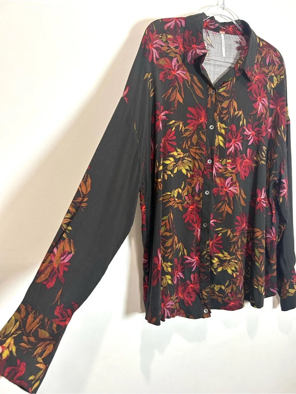 Free People Floral Top Oversized Blouse Sz S Button Down Leaf Print Multi Boho